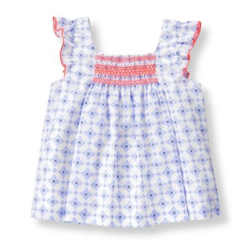 Janie + Jack Smocked Baby Dress in Blue and White Print with Pink trim Size 2T